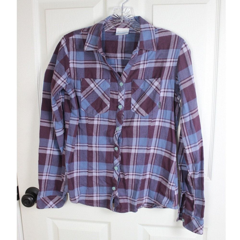 Columbia Women Plaid Long Sleeve‎ Button Up Shirt Burgundy Blue Size XS